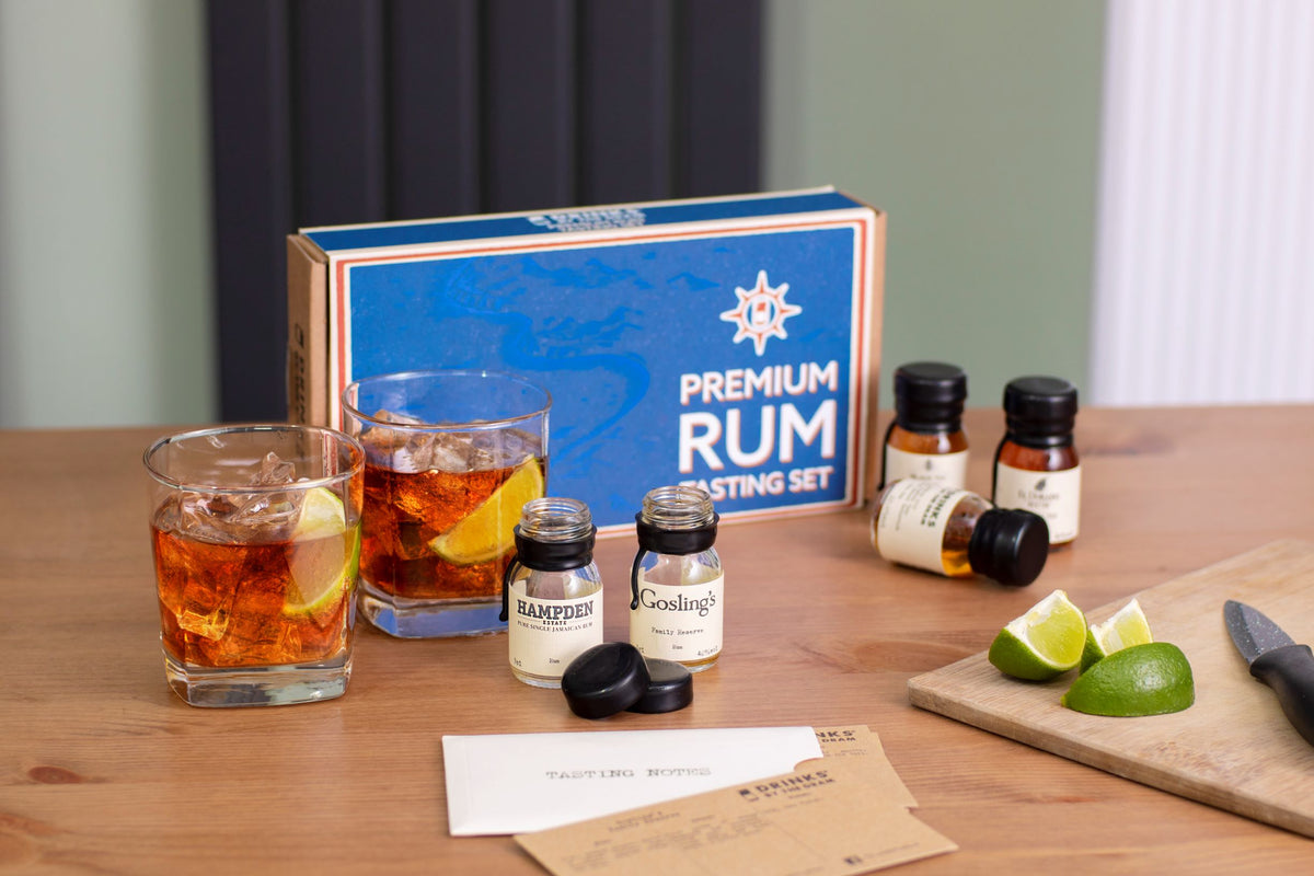 Rum tasting set, home cocktails, summer, rum 