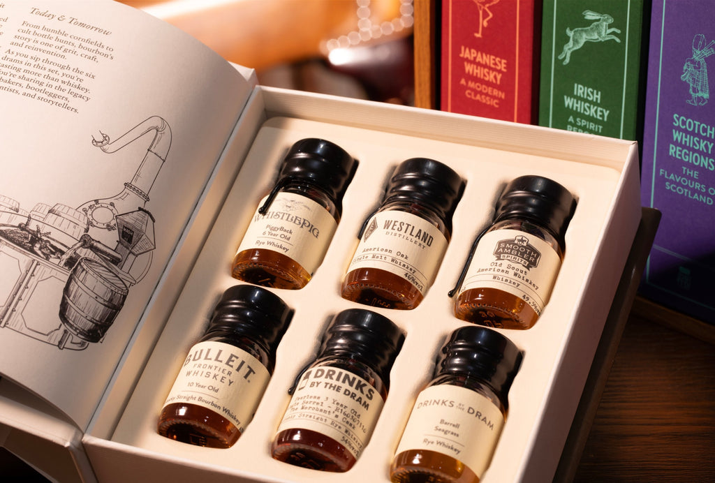 Bourbon book open with six wax-sealed drams